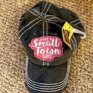 Just a small town girl women’s distressed black w white stitching ball cap
